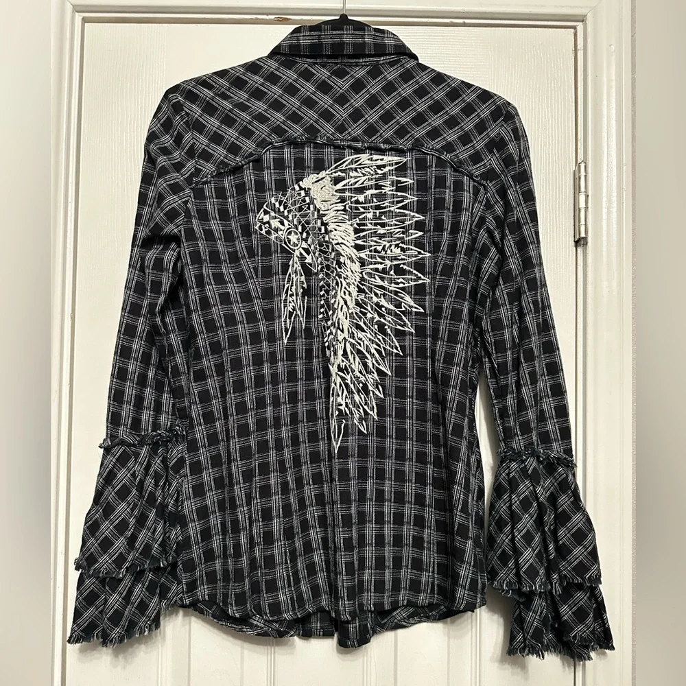 Crow & White Plaid Tier Bell-Sleeve Button-Up - Picture 9 of 11